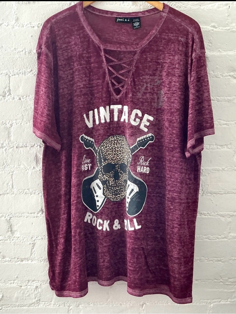 Joei & I Lace Up Leopard Skull Rock & Roll Burnout T-Shirt Maroon Graphic Edgy